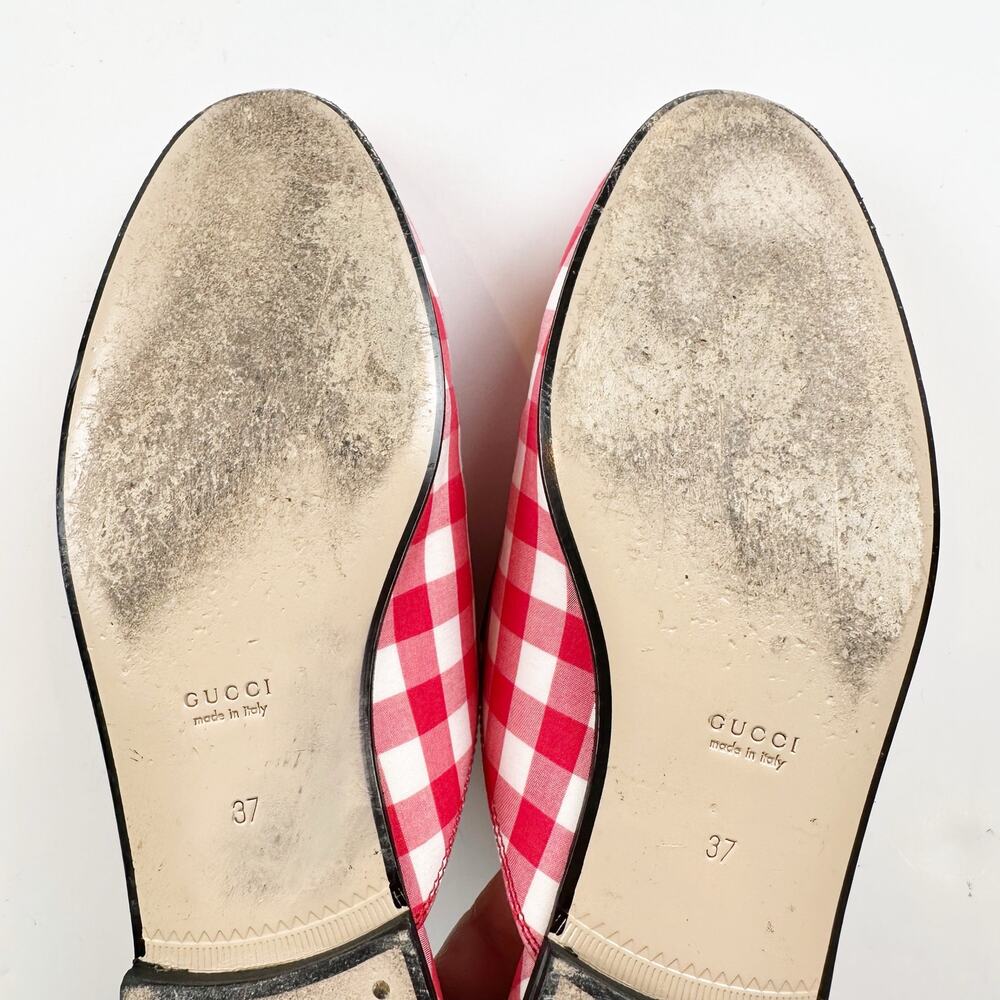 Gucci Princetown Mule Red White Plaid Gold Horsebit Vichy Checkered Size 37 US 7 - Picture 13 of 14